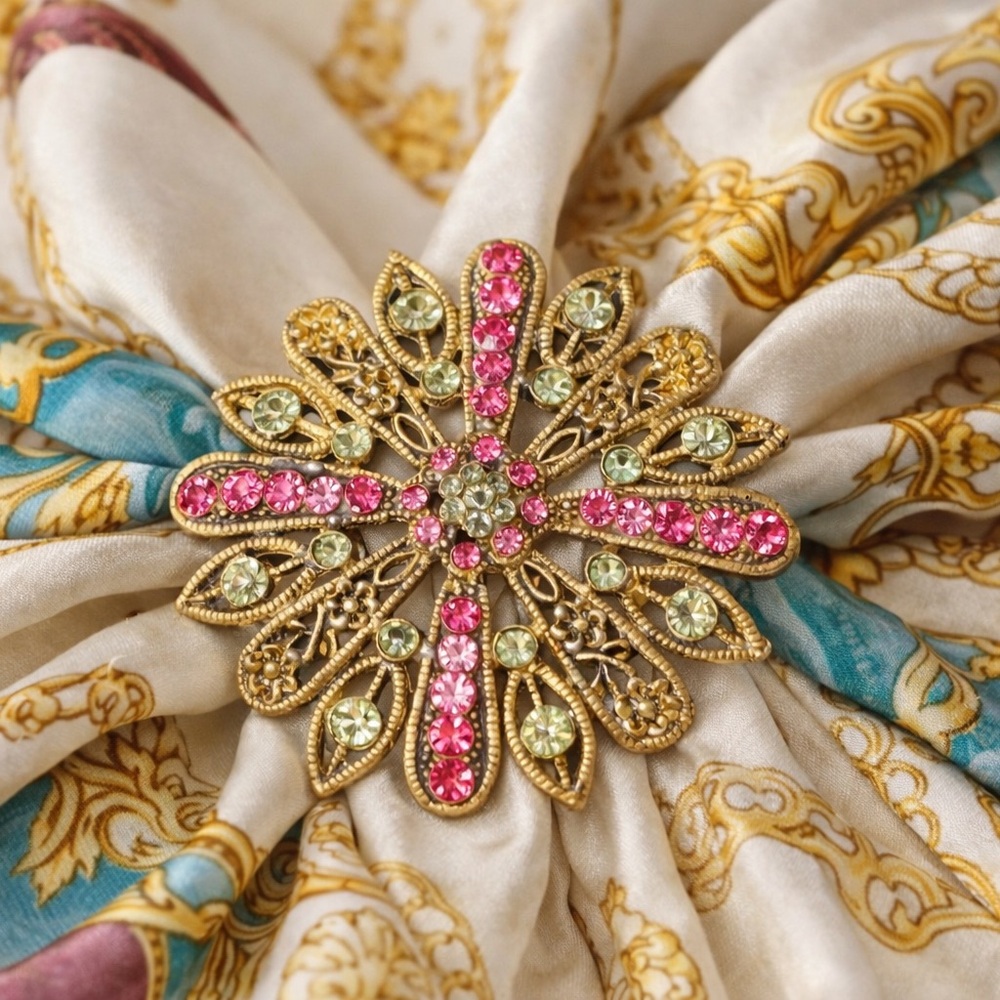 Vintage Gold Tone Pink & Green Rhinestone Floral Starburst Brooch Statement Pin